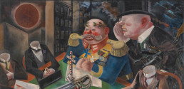 Peinture satirique de George Grosz illustrant l’influence de l’argent sur la politique, symbolisant l’impact fiscal et économique des décisions comme la baisse de la TVA sur l’art en Allemagne.