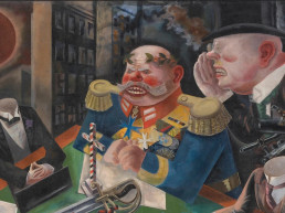 Satirisches Gemälde von George Grosz, das den Einfluss des Geldes auf die Politik illustriert und die steuerlichen und wirtschaftlichen Auswirkungen von Entscheidungen wie der Senkung der Mehrwertsteuer auf Kunst in Deutschland symbolisiert.