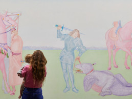 Presented by Galerie Mazzoleni at Art Basel 2024, Salvo's “Il trionfo di San Giorgio” (1974) revisits the myth of the saint, combining medieval symbolism with a pastel palette.