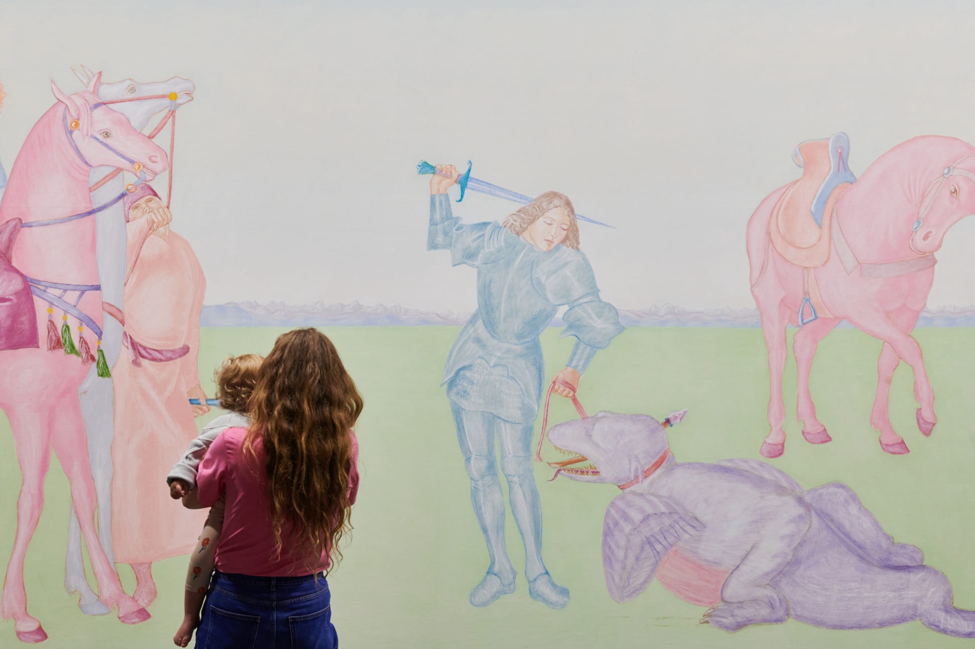 Présentée par la galerie Mazzoleni lors d’Art Basel 2024, « Il trionfo di San Giorgio » (1974) de Salvo revisite le mythe du saint en mêlant symbolisme médiéval et palette pastel.