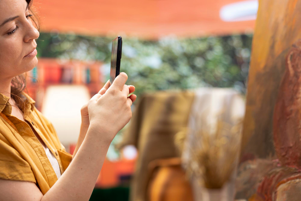 une femme prenant une photo d'une oeuvre d'art